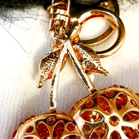 Crystal Cherries Bag Charm Key Chain Red w Black Faux Mink Black Pom - Picture 12 of 14